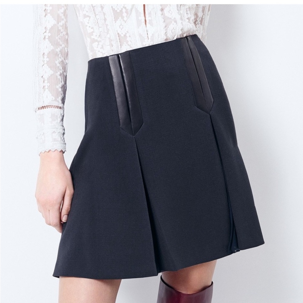 Rebecca Taylor Navy Pleated Skirt Leather Trim